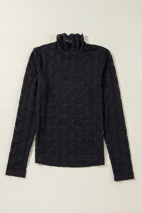 Elegant Floral Lace High Neck Long Sleeve Sheer Top