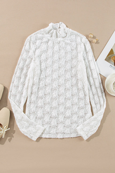 Elegant Floral Lace High Neck Long Sleeve Sheer Top