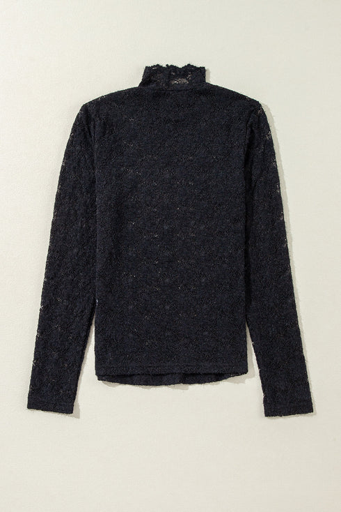Elegant Floral Lace High Neck Long Sleeve Sheer Top