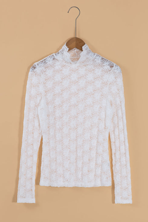 Elegant Floral Lace High Neck Long Sleeve Sheer Top