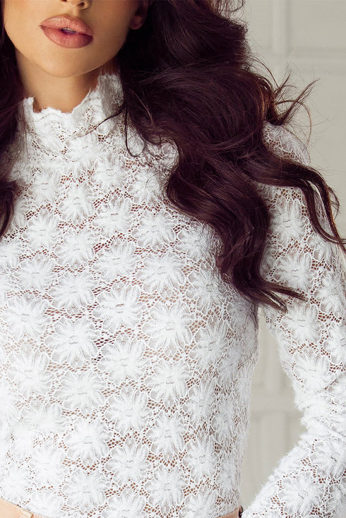 Elegant Floral Lace High Neck Long Sleeve Sheer Top