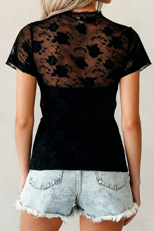 Elegant Floral Lace Mesh Short Sleeve Sheer Top