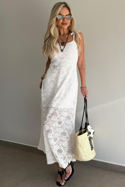 Elegant Floral Lace Overlay Tie Spaghetti Strap Maxi Dress