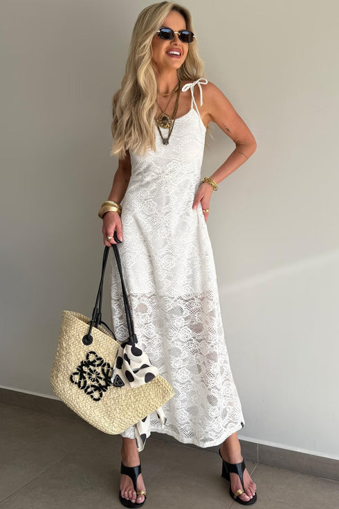 Elegant Floral Lace Overlay Tie Spaghetti Strap Maxi Dress