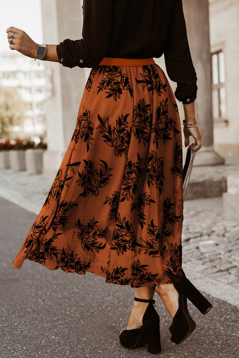 Elegant Floral Leaf Embroidered High Waist Maxi Skirt