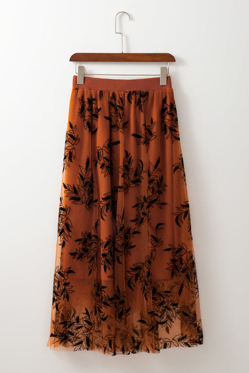 Elegant Floral Leaf Embroidered High Waist Maxi Skirt
