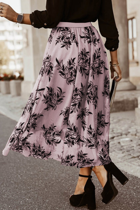 Elegant Floral Leaf Embroidered High Waist Maxi Skirt