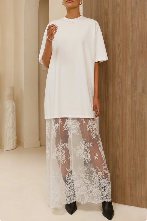 Elegant Floral Patchwork Short Sleeve T Shirt Maxi Dress