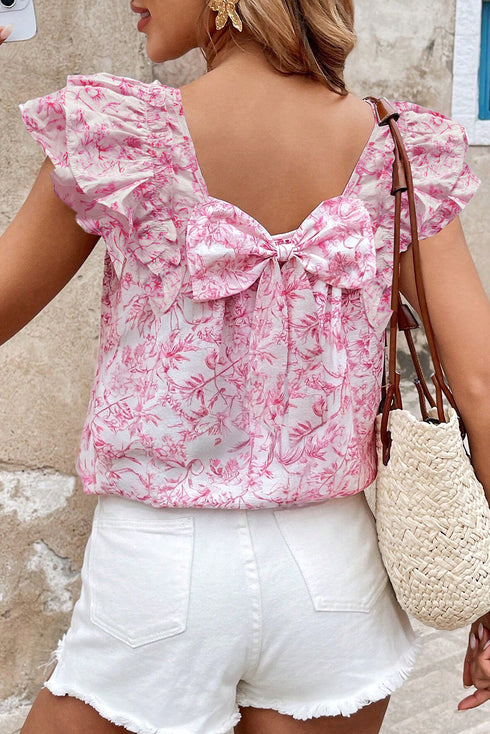 Elegant Floral Print Ruffled Sleeve Square Neck Bow Back Blouse Top