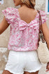 Elegant Floral Print Ruffled Sleeve Square Neck Bow Back Blouse Top