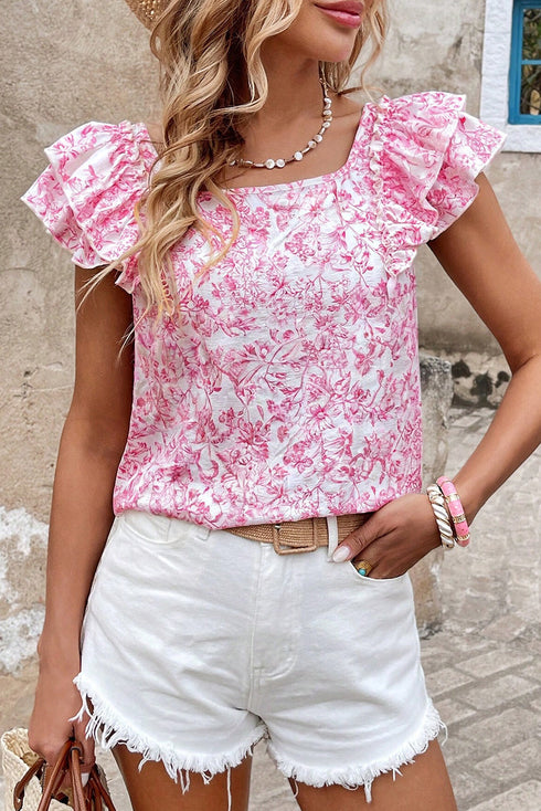 Elegant Floral Print Ruffled Sleeve Square Neck Bow Back Blouse Top