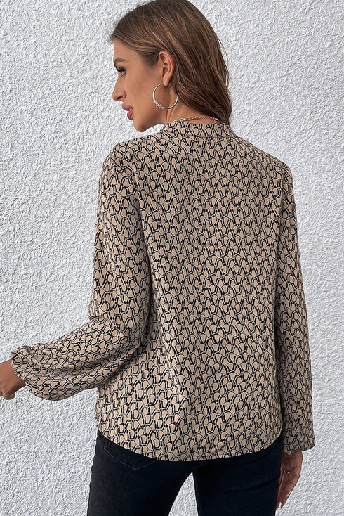 Elegant Geometric Print Notched Neck Puff Sleeve Blouse