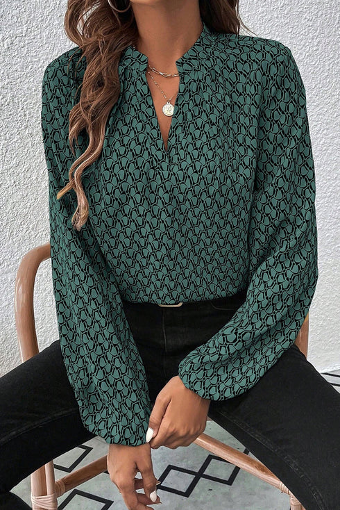 Elegant Geometric Print Notched Neck Puff Sleeve Blouse