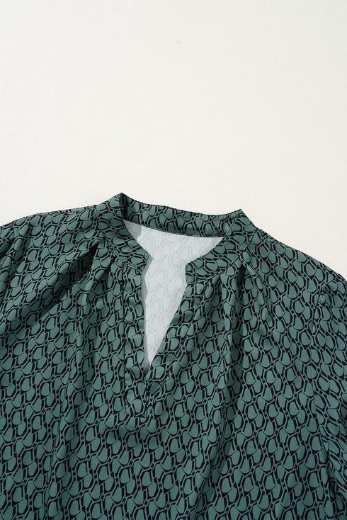 Elegant Geometric Print Notched Neck Puff Sleeve Blouse