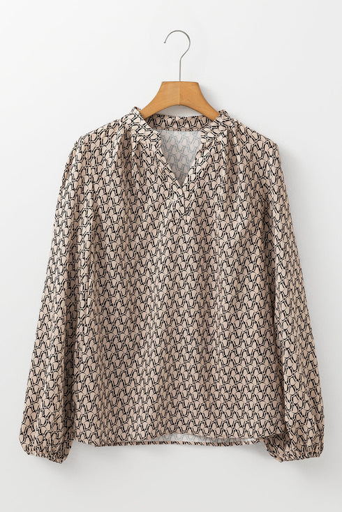 Elegant Geometric Print Notched Neck Puff Sleeve Blouse