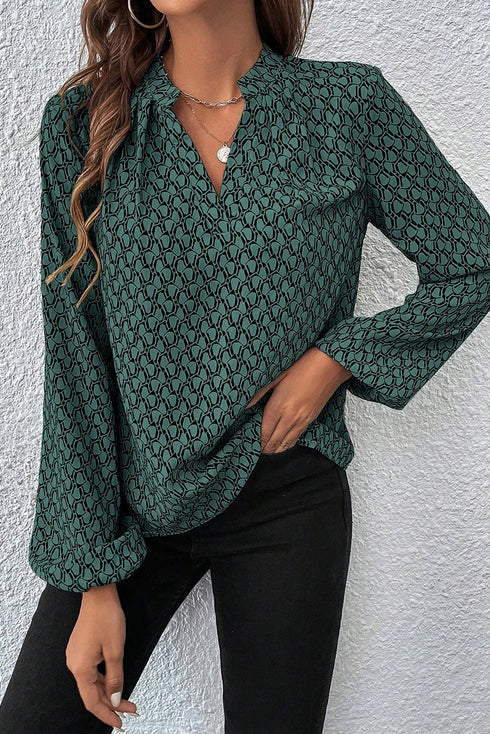 Elegant Geometric Print Notched Neck Puff Sleeve Blouse