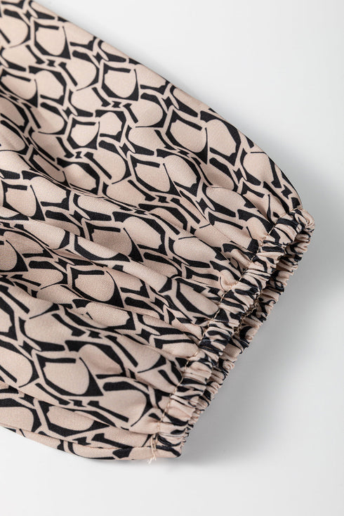 Elegant Geometric Print Notched Neck Puff Sleeve Blouse