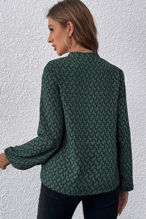 Elegant Geometric Print Notched Neck Puff Sleeve Blouse