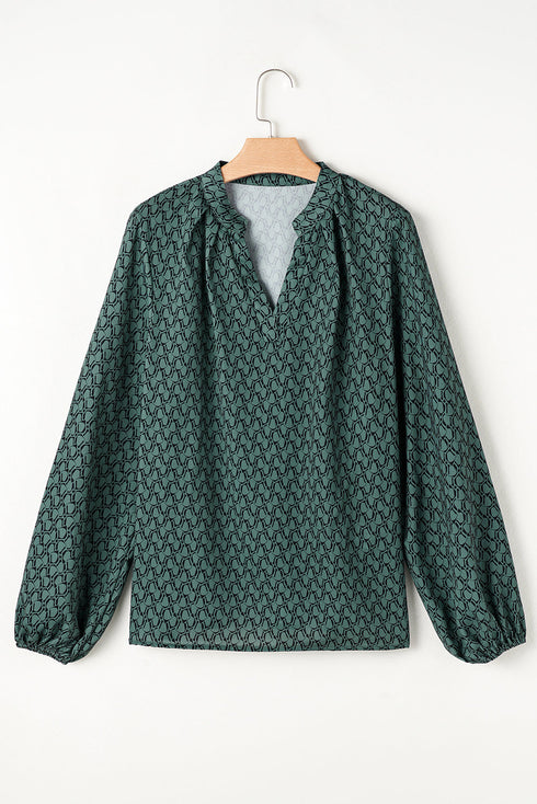 Elegant Geometric Print Notched Neck Puff Sleeve Blouse