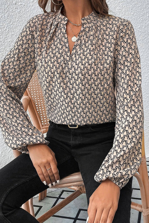 Elegant Geometric Print Notched Neck Puff Sleeve Blouse