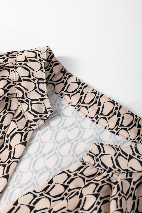 Elegant Geometric Print Notched Neck Puff Sleeve Blouse