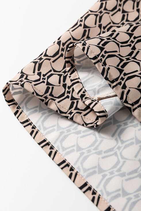 Elegant Geometric Print Notched Neck Puff Sleeve Blouse