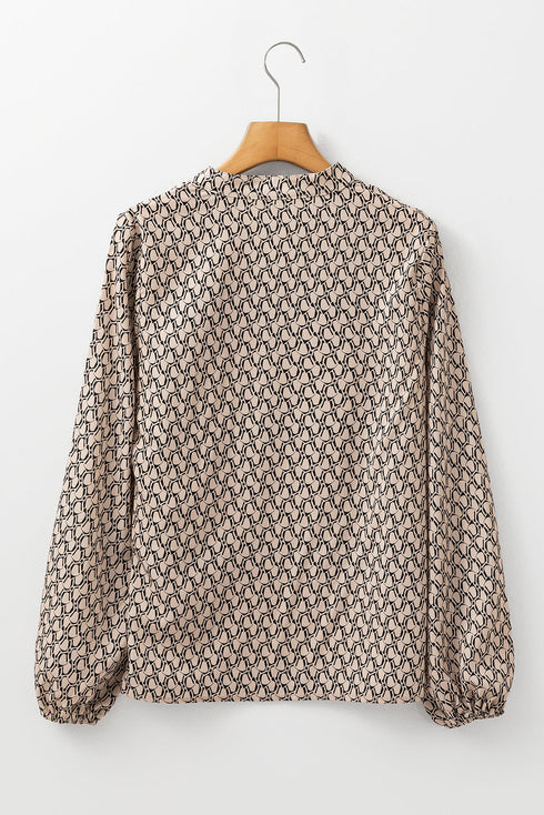 Elegant Geometric Print Notched Neck Puff Sleeve Blouse