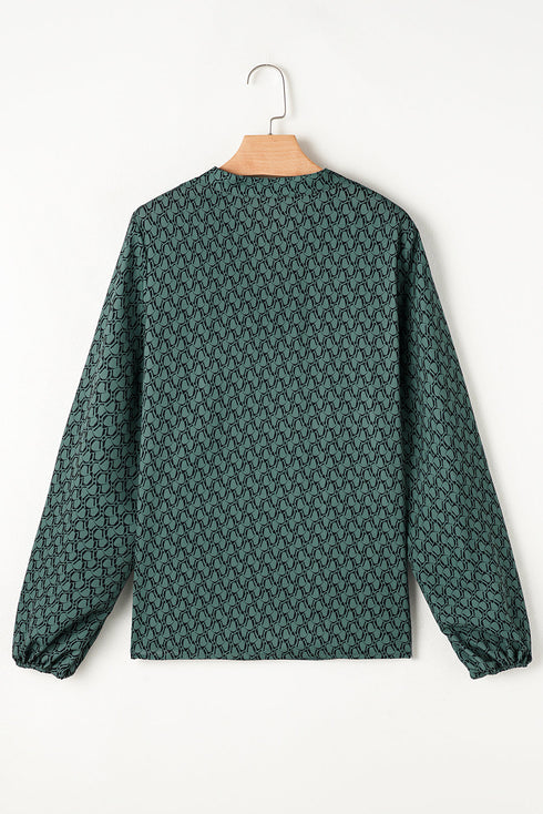 Elegant Geometric Print Notched Neck Puff Sleeve Blouse