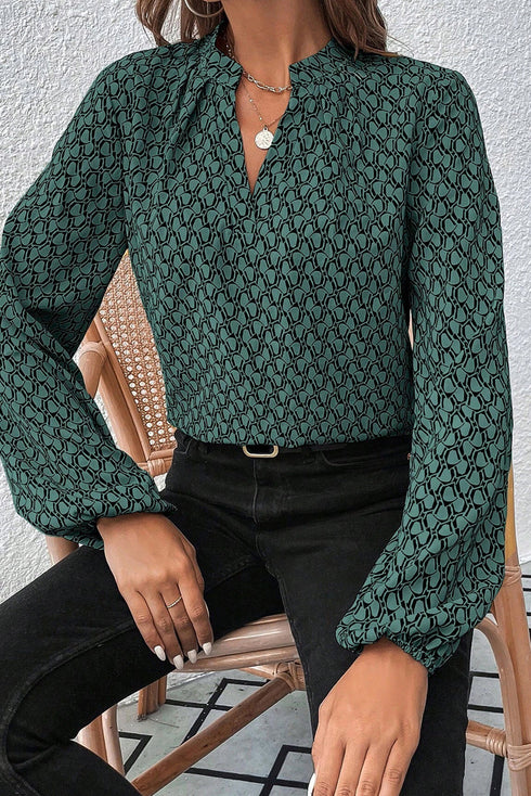 Elegant Geometric Print Notched Neck Puff Sleeve Blouse