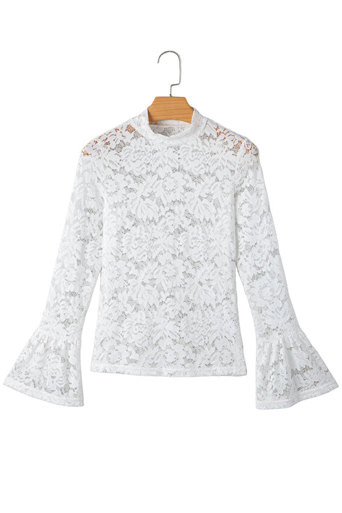Elegant Lace Crochet Bell Sleeve Mock Neck Blouse