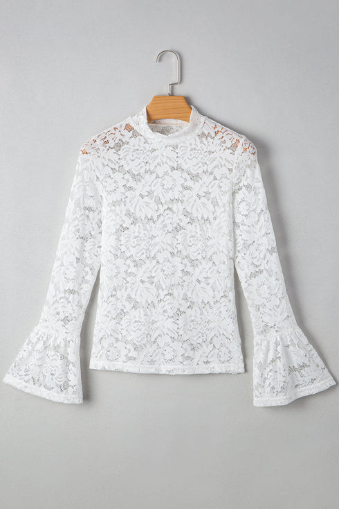 Elegant Lace Crochet Bell Sleeve Mock Neck Blouse