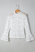 Elegant Lace Crochet Bell Sleeve Mock Neck Blouse