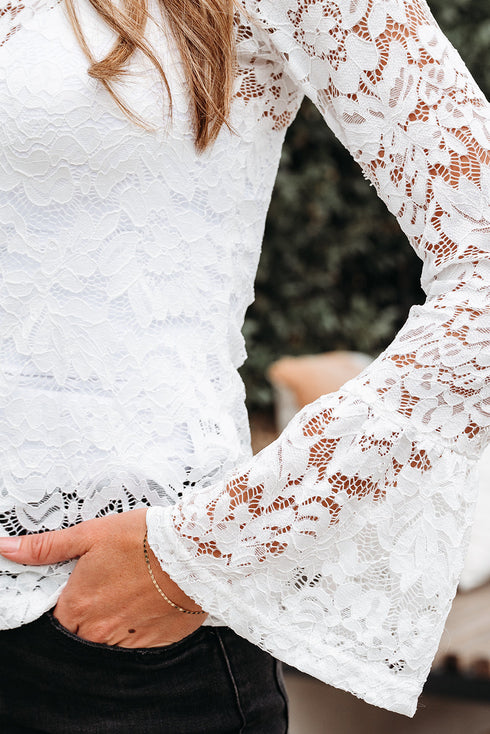 Elegant Lace Crochet Bell Sleeve Mock Neck Blouse