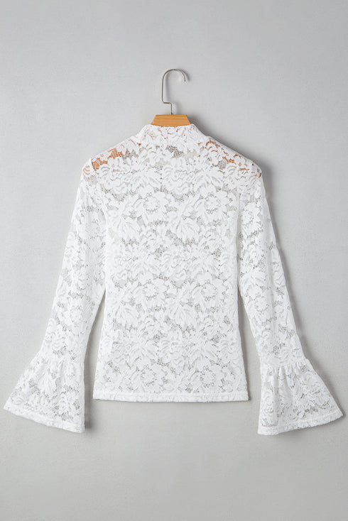 Elegant Lace Crochet Bell Sleeve Mock Neck Blouse