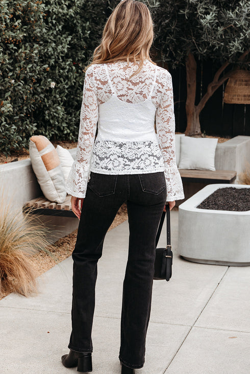 Elegant Lace Crochet Bell Sleeve Mock Neck Blouse