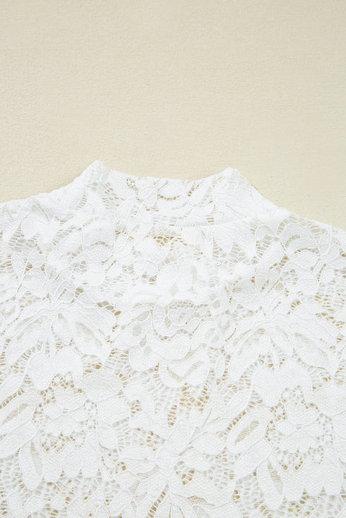 Elegant Lace Crochet Bell Sleeve Mock Neck Blouse