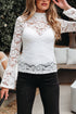 Elegant Lace Crochet Bell Sleeve Mock Neck Blouse