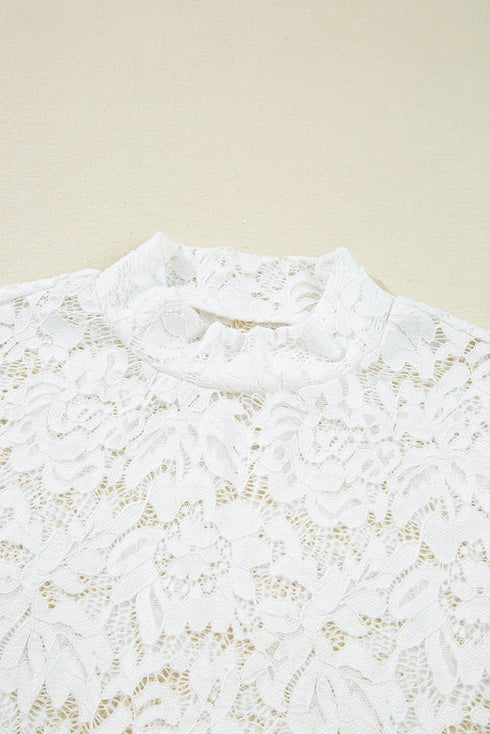 Elegant Lace Crochet Bell Sleeve Mock Neck Blouse