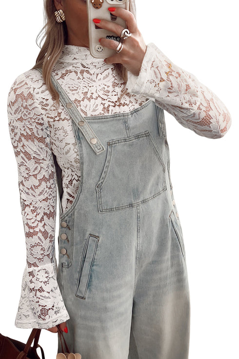 Elegant Lace Crochet Bell Sleeve Mock Neck Blouse