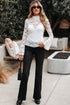 Elegant Lace Crochet Bell Sleeve Mock Neck Blouse