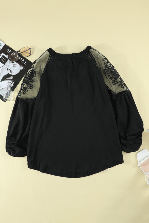 Elegant Lace Mock Neck Long Sleeve Scalloped Blouse