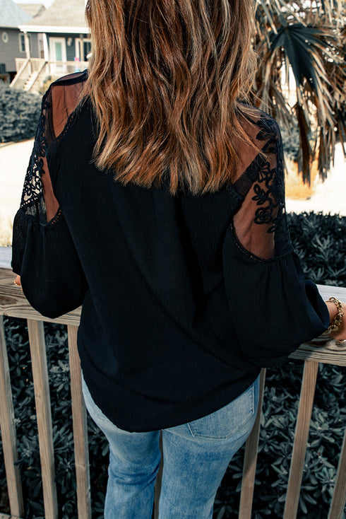 Elegant Lace Mock Neck Long Sleeve Scalloped Blouse