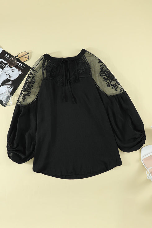 Elegant Lace Mock Neck Long Sleeve Scalloped Blouse