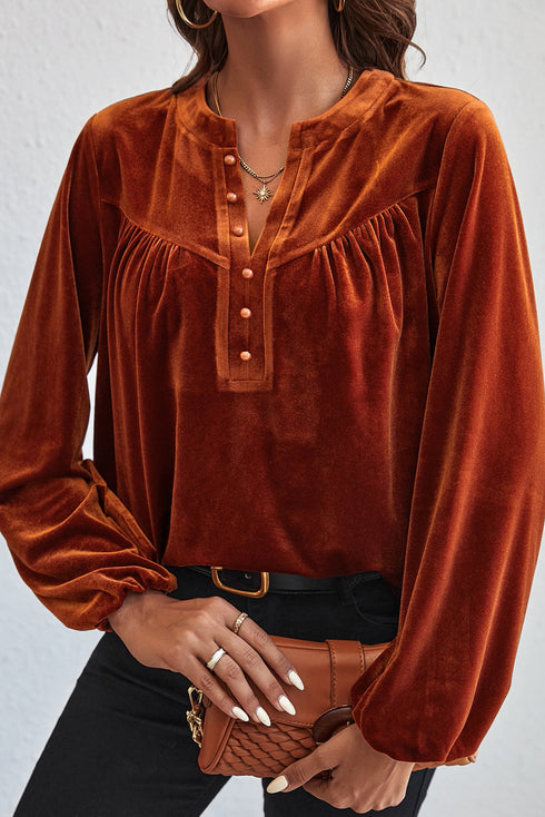 Elegant Lantern Sleeve Beaded Split Neck Velvet Blouse