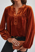 Elegant Lantern Sleeve Beaded Split Neck Velvet Blouse