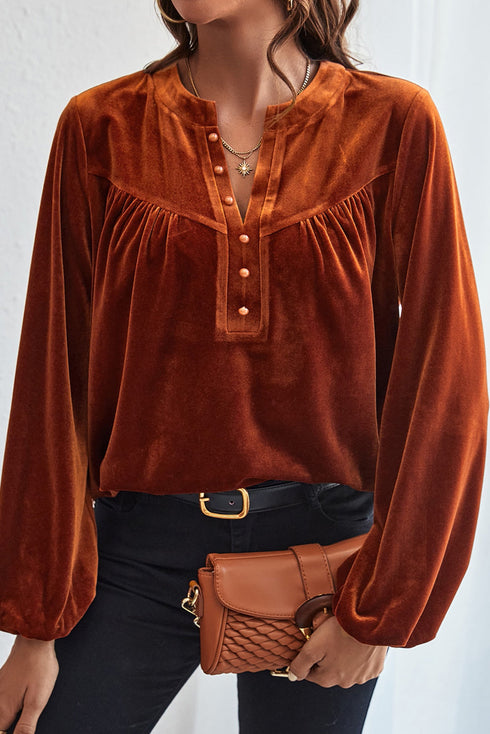 Elegant Lantern Sleeve Beaded Split Neck Velvet Blouse