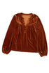 Elegant Lantern Sleeve Beaded Split Neck Velvet Blouse