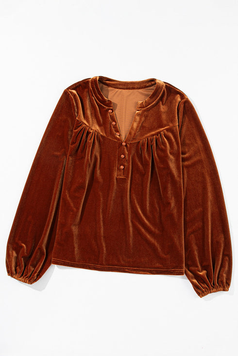 Elegant Lantern Sleeve Beaded Split Neck Velvet Blouse