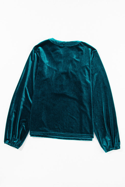 Elegant Lantern Sleeve Beaded Split Neck Velvet Blouse