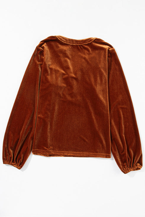 Elegant Lantern Sleeve Beaded Split Neck Velvet Blouse